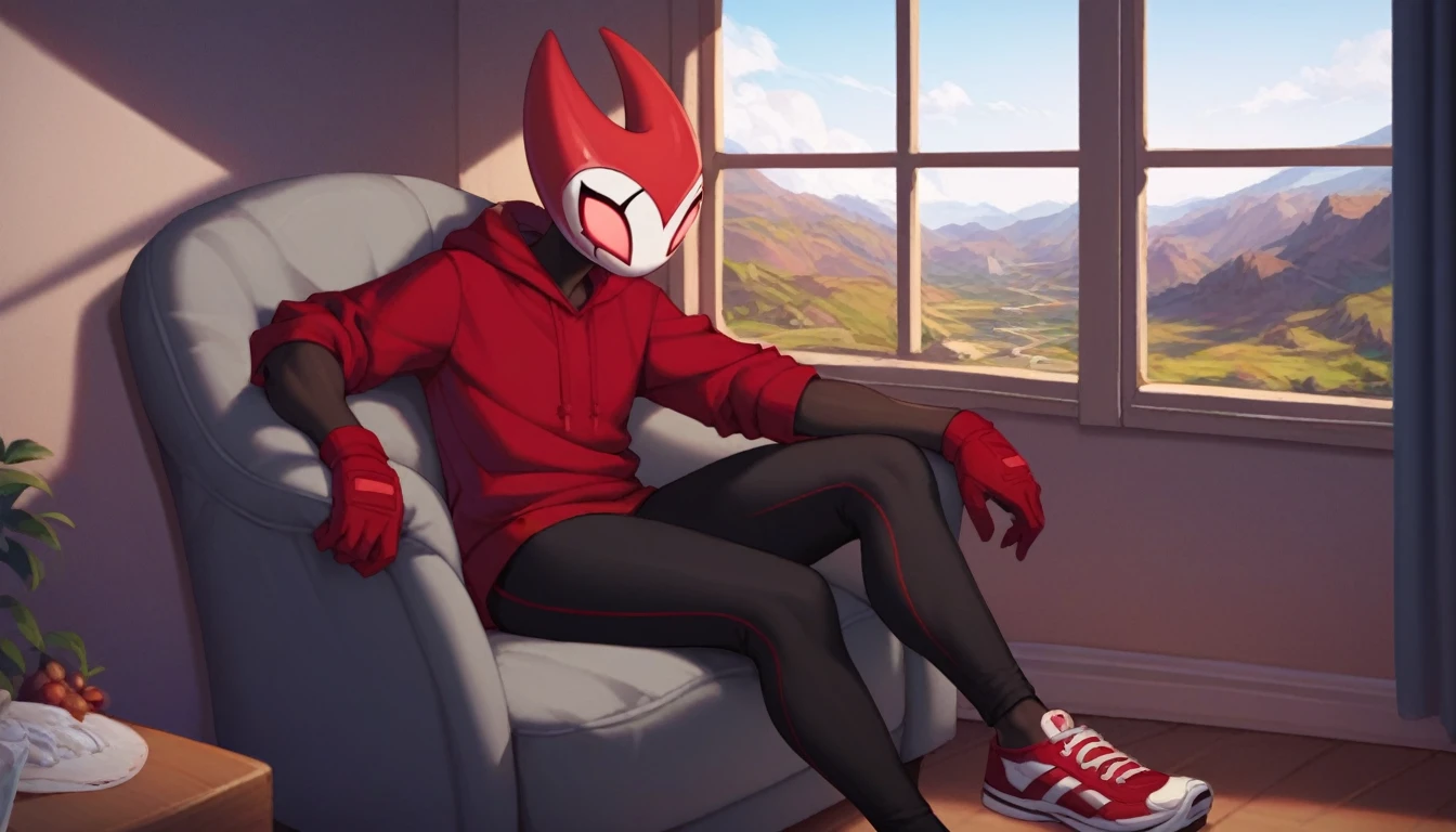 score_9, score_8_up, score_7_up, score_6_up, zPDXL2, grimm \(hollow knight\), vampire, bat, 1boy, cute face, detailed eyes, anthro, black sports pants, blue large hoodie, red sports gloves, sneakers, background, near the window, landscape, near an armchair, looking into nothing, portrait of the face, sitting, curvy body, (dynamic poses)