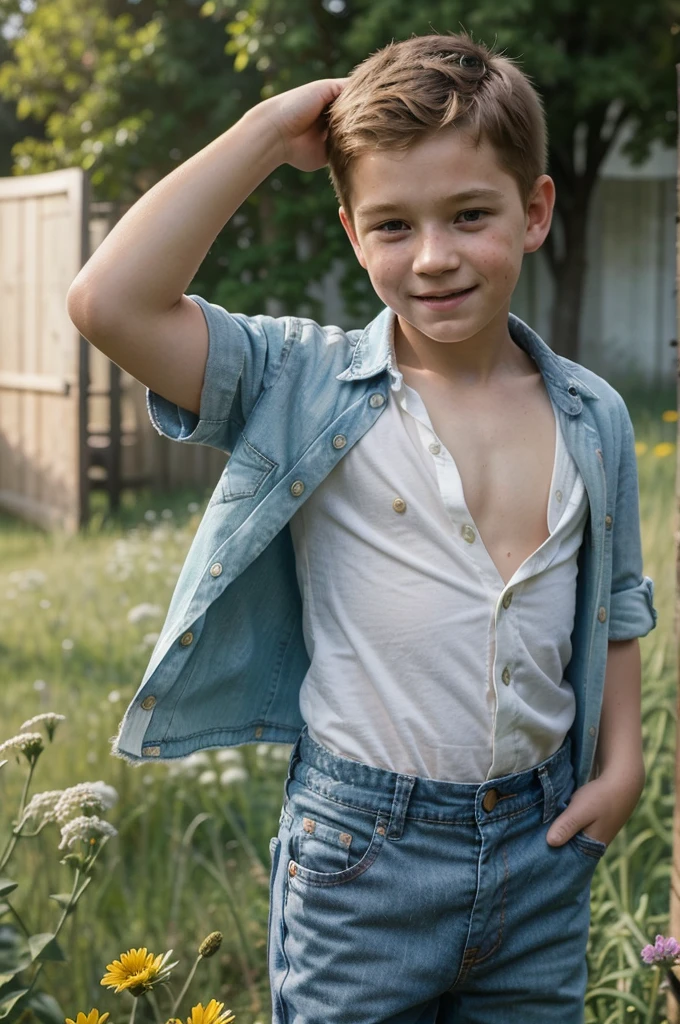((OPEN SHIRT))), AS KID TOM HOLLAND, A young boy with a bright smile and curious gaze stands tall in a lush green meadow, surrounded by wildflowers. His blonde hair, SHORT HAIR, UNDERCUT HAIR, ruffles gently in the breeze as he surveys his surroundings, dressed in a simple white shirt and worn jeans. The warm sunlight casts a golden glow on his freckled face, and the soft focus of the image draws attention to his adorable expression.,photorealistic