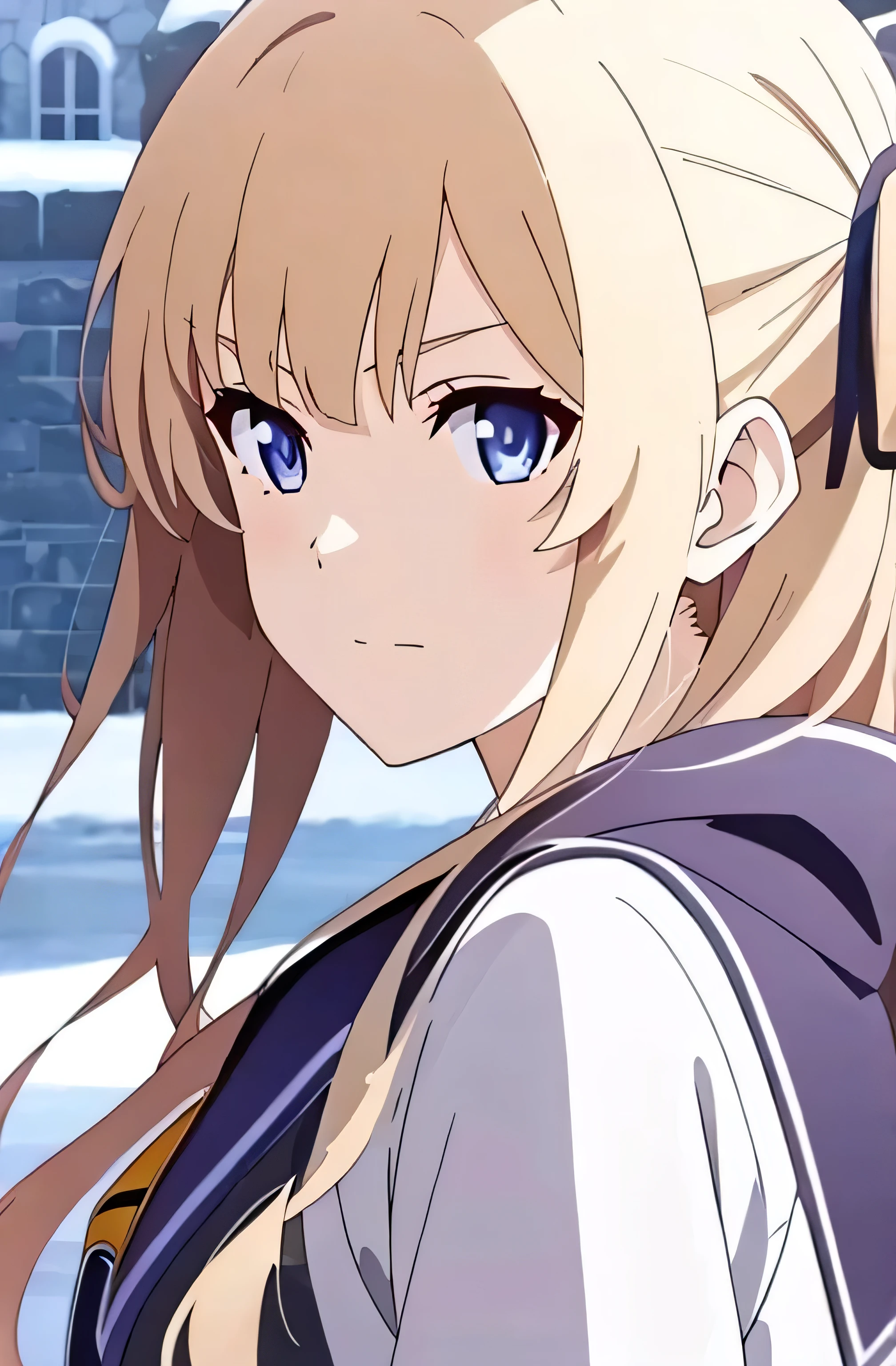 Anime girl with medium hair and purple eyes standing in the snow, anime moe art style, style of anime4 K, Anime art wallpaper 8 K, Anime art wallpaper 4 K, Anime art wallpaper 4k, Anime wallpaper 4K, Anime wallpaper 4 k, Detailed digital anime art, 4K anime wallpaper, 4k manga wallpapers, clean and meticulous anime art, a beautiful anime portrait