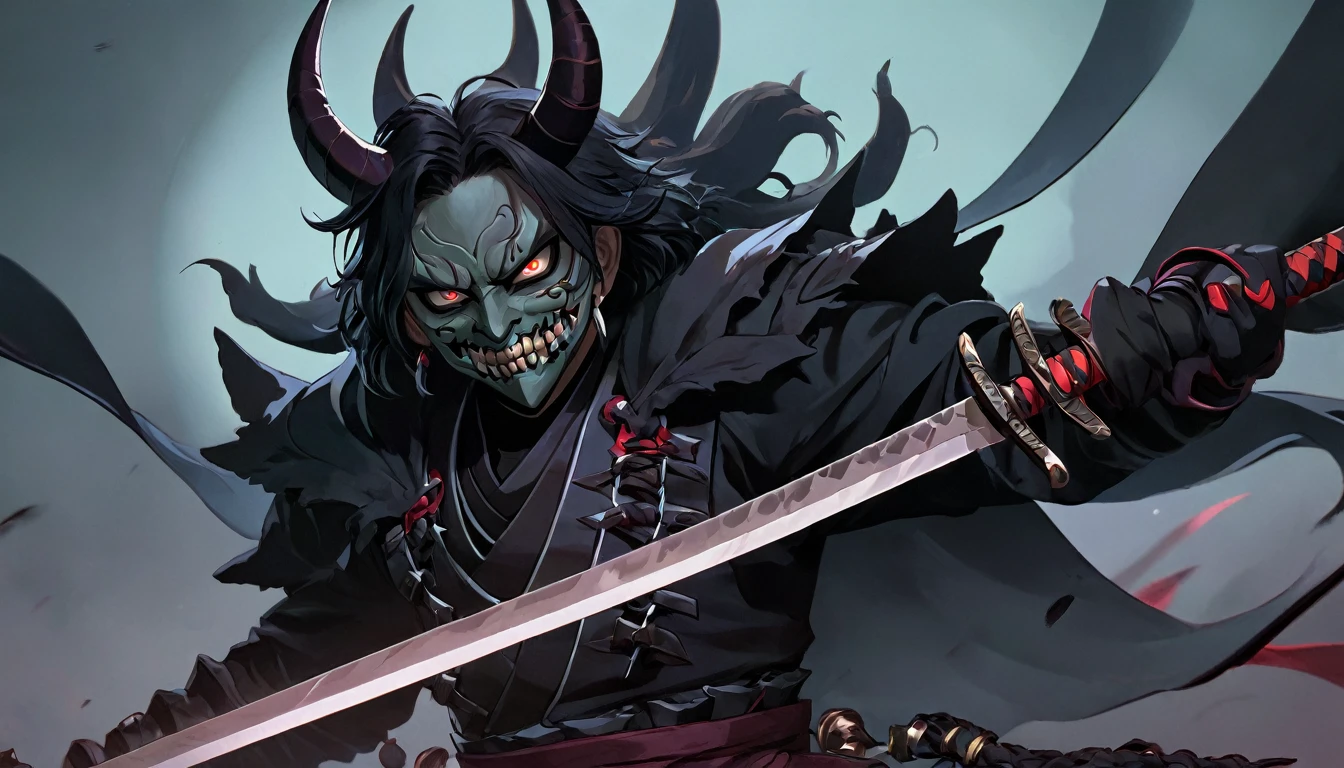demon mask, sword on the hand,close up, black heavy detailed clothes, hand katana, art, dark and malevolent, hand sword, armor, powerful and intimidating, (masterpiece, best quality, ultra-detailed, best shadow), (detailed background, dark fantasy) dramatic light, intricate details, dark and malevolent, powerful and intimidating, Dark and foreboding, malevolent force, sinister and chilling, armor, high detailed background, girl in demon slayer art, demon slayer art style, epic anime art, God death
