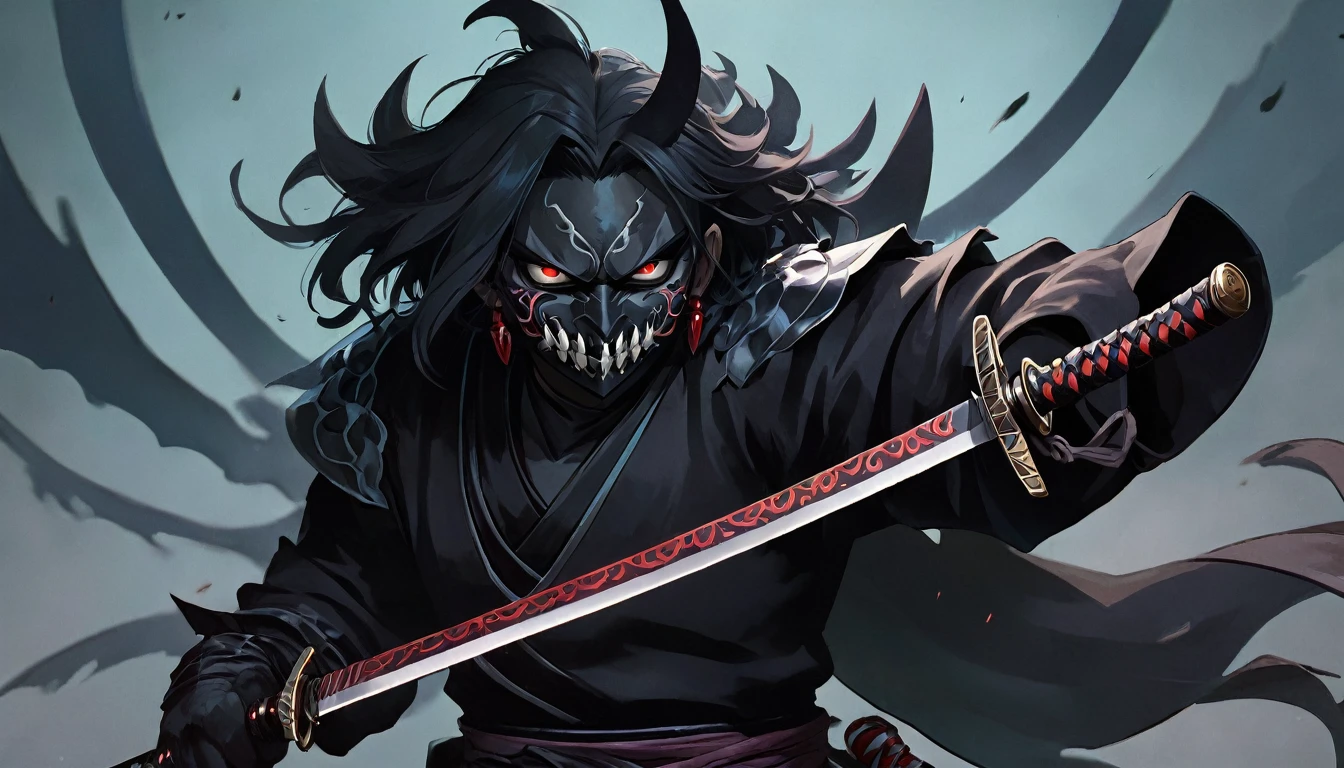 demon mask, sword on the hand,close up, black heavy detailed clothes, hand katana, art, dark and malevolent, hand sword, armor, powerful and intimidating, (masterpiece, best quality, ultra-detailed, best shadow), (detailed background, dark fantasy) dramatic light, intricate details, dark and malevolent, powerful and intimidating, Dark and foreboding, malevolent force, sinister and chilling, armor, high detailed background, girl in demon slayer art, demon slayer art style, epic anime art, God death