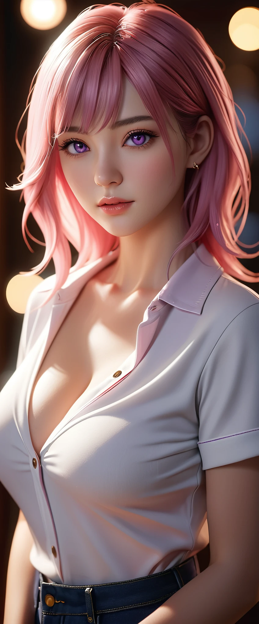 best quality, masterpiece, High resolution, portrait, actual, Purple Eyes, Pink hair, Large Breasts, 8K resolution, high qualityCG, Beautiful CG, Soft Light, fashion brand image, Fashionable and casual, The Tyndall effect, lifelike, studio, Side lighting, (HD Skin:1.2), 8K超高清, sex, high quality, Volumetric lighting, confess, photography, 超High resolution, 8K, Bokeh, Shallow depth of field