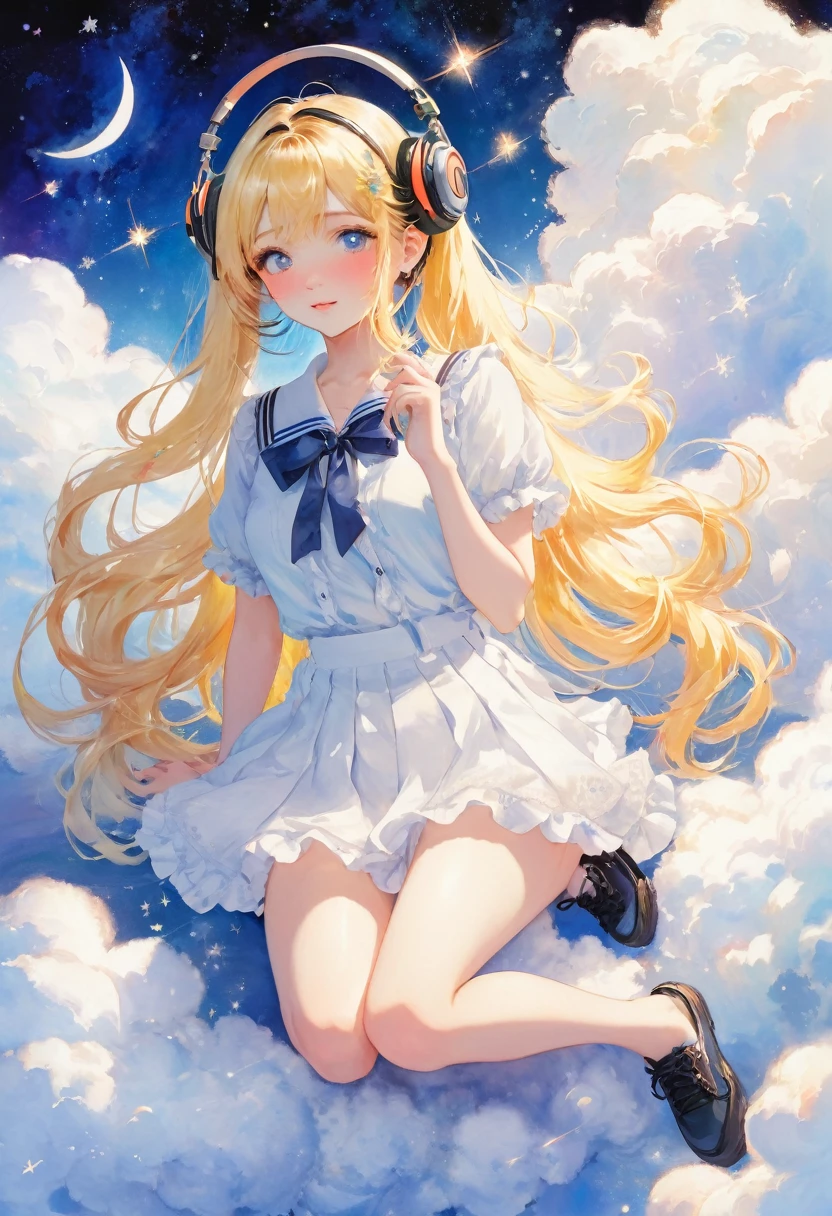 (highest quality）、（masterpiece：1.2）、（colorful：0.9）、（color scattering）、（watercolor painting)、sharp focuodel shot, High resolution, (anime style:1.1), ) ((highest quality)), (Super detailed), (beautiful), alone, beautiful face、(Detailed cute cute woman sitting on a fluffy cloud, in the night sky with twinkling stars and a beautiful glowing moon, listening to music with headphones on and happily closing her eyes:1.3)、cute clothes、(Colorful long shiny blonde hair:1.2),colorful eyes,dramatic,、(mini skirt)、Full body Esbian、pastel colour