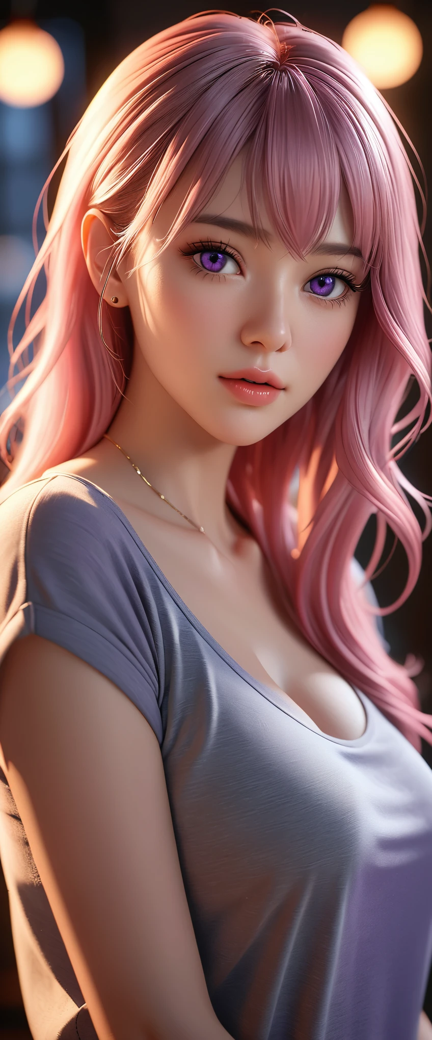 best quality, masterpiece, High resolution, portrait, actual, Purple Eyes, Pink hair, Large Breasts, 8K resolution, high qualityCG, Beautiful CG, Soft Light, fashion brand image, Fashionable and casual, The Tyndall effect, lifelike, studio, Side lighting, (HD Skin:1.2), 8K超高清, sex, high quality, Volumetric lighting, confess, photography, 超High resolution, 8K, Bokeh, Shallow depth of field