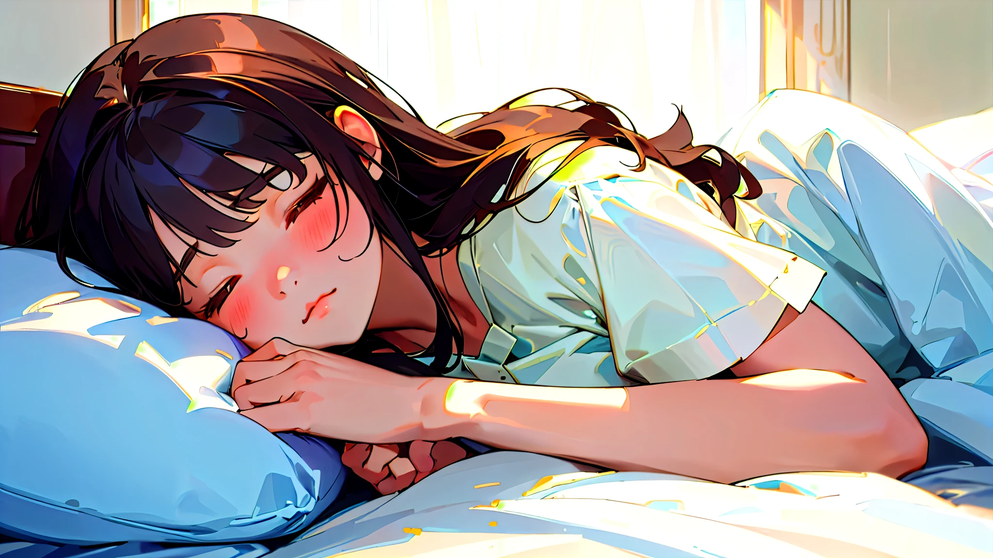 (Highest quality, masterpiece, Ultra-realistic), Beautiful and delicate15Year-old girl portrait,, The background is my bedroom at home.、Sleeping with a calm expression、Time is midnight、It's pitch black in the room.、It's raining outside、Rainy season、It's dark outside