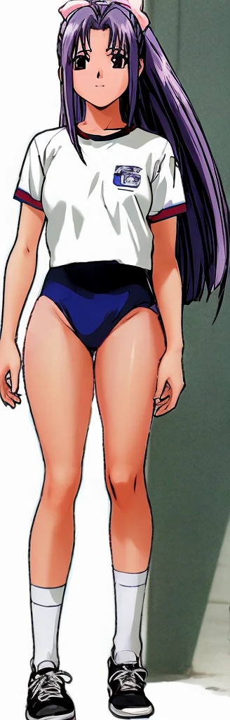 Momoko Koigakubo, a tall girl with beautiful legs, is standing with her legs spread to the sides in a white gym uniform and light navy blue bloomers that look like panties.。