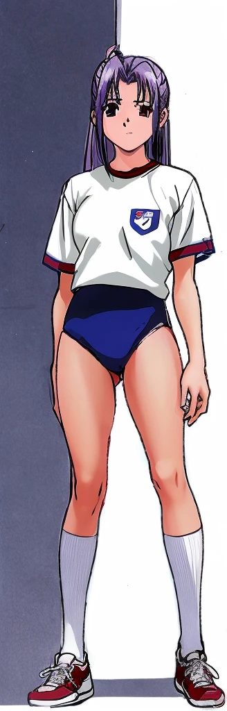 Momoko Koigakubo, a tall girl with beautiful legs, is standing with her legs spread to the sides in a white gym uniform and light navy blue bloomers that look like panties.。