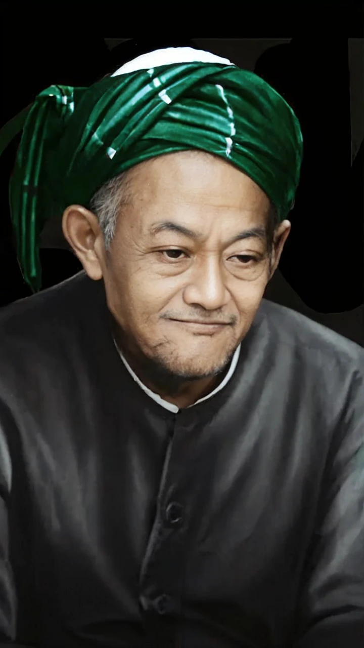 Indonesian Muslim man, aged 55 years or above, clean brown skin, wearing black Islamic clothes, green head turban with a tie at the back of the side, visible details of the turban pattern, lips closed, slightly slanted eyes downcast. Slightly wide face shape, realistic HD quality image
