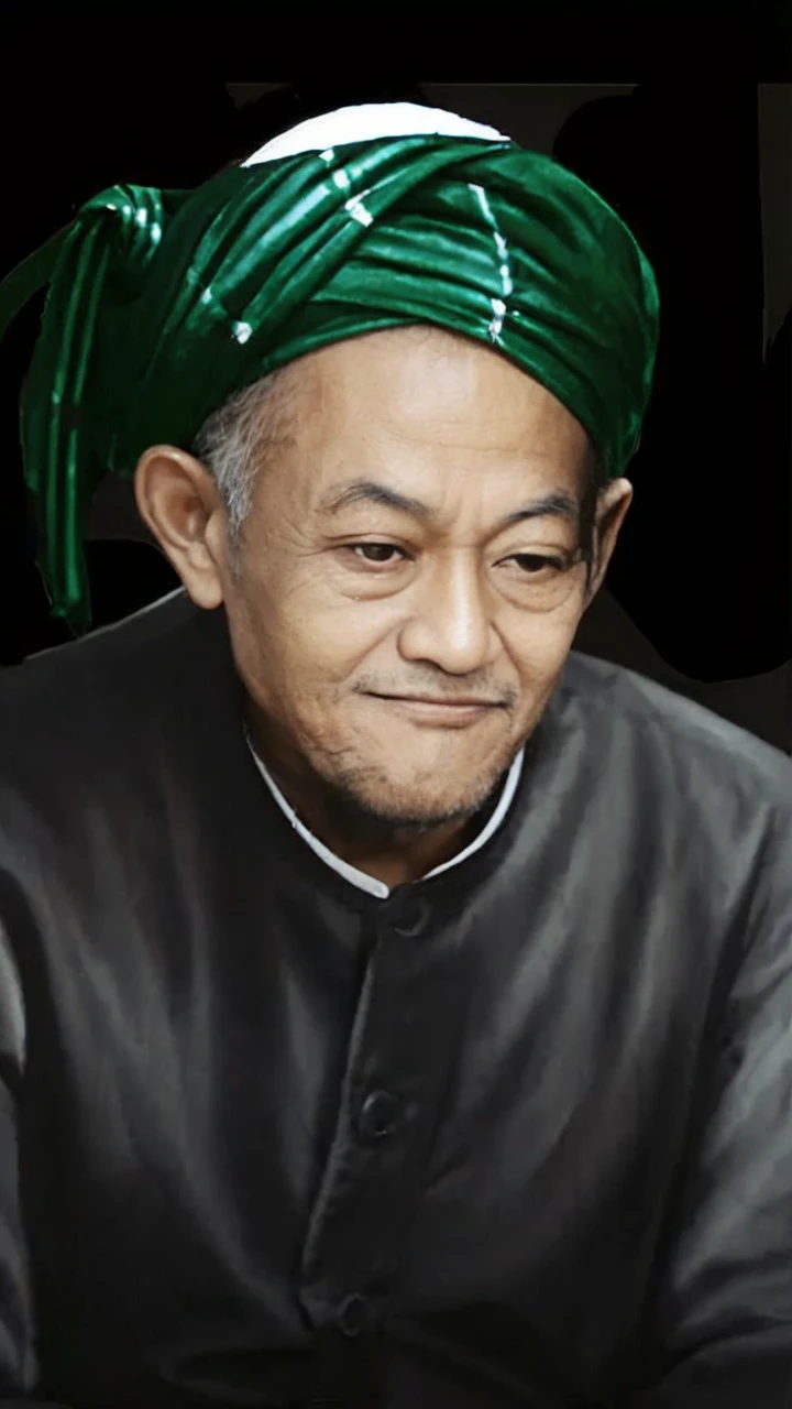 Indonesian Muslim man, aged 55 years or above, clean brown skin, wearing black Islamic clothes, green head turban with a tie at the back of the side, visible details of the turban pattern, lips closed, slightly slanted eyes downcast. Slightly wide face shape, realistic HD quality image