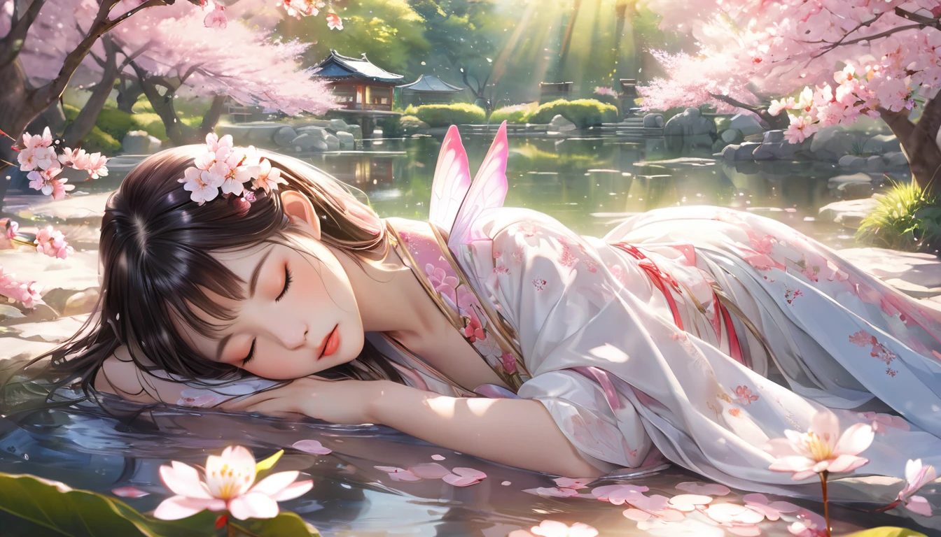 A beautiful fairy with wings、Sleeping、目を閉じてSleeping、Fairy in front、Upper Body、bangs、Close-up of face、Glossy lips、Afternoon Library、Sunlight filtering through the trees、high resolution、mysterious、high resolution、 Around her are bright cherry blossoms and a quiet carp pond. The scenes are drawn combining illustration and photorealism, cherry blossoms吹雪,Highly detailed brush strokes and sharpness, Bright colors. Lighting that highlights the elegance of the ユニフォーム, Gives skin softness, Porcelain Shine。. The artwork is of the highest quality, Exquisite costume details on display, cherry blossoms,