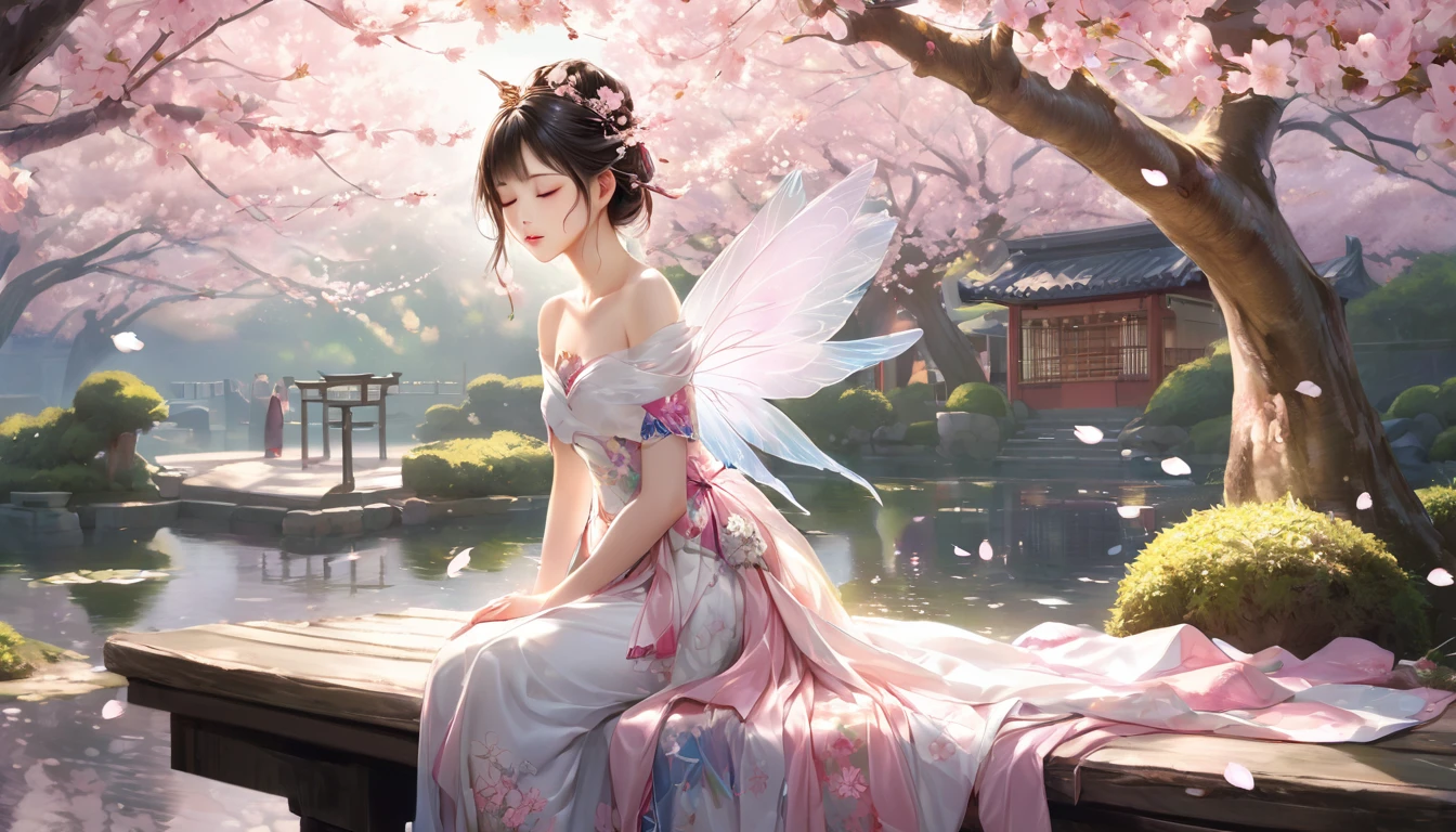 A beautiful fairy with wings、Sleeping、目を閉じてSleeping、Fairy in front、Upper Body、bangs、Close-up of face、Glossy lips、Afternoon Library、Sunlight filtering through the trees、high resolution、mysterious、high resolution、 Around her are bright cherry blossoms and a quiet carp pond. The scenes are drawn combining illustration and photorealism, cherry blossoms吹雪,Highly detailed brush strokes and sharpness, Bright colors. Lighting that highlights the elegance of the ユニフォーム, Gives skin softness, Porcelain Shine。. The artwork is of the highest quality, Exquisite costume details on display, cherry blossoms,