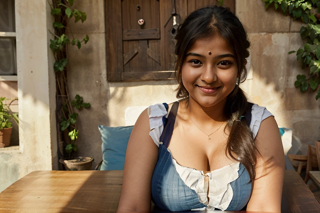 masterpiece,best quality,(photorealistic:1.4),teenage indian girl sitting across the table, dress in cute sundress, massive tits, clevage, curvy and chubby, (looking at viewer:1.2), French twist,smile,(from front and facing viewer:1.2), global illumination, breast rest, breats on table, upper body, (diffused lighting:1.3), no harsh shadow on face