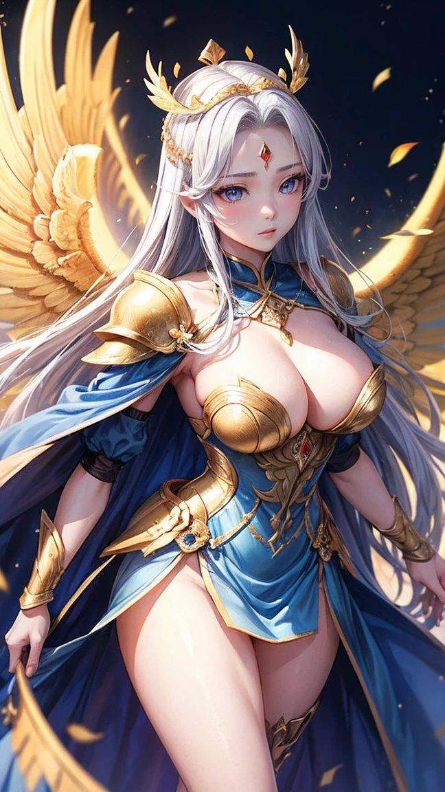 Qian Renxue, Young woman, deityธิดา, six wings, Golden wings, angel wings, long blonde hair, open forehead, crown forehead jewelry, crown on back of head, The eyes are detailed., light blue eyes, big breasts, light purple dress, golden chest armor, silver forearm armor, ดาบdeityสีทอง ยืน, Perfect Body, Beautiful thighs,solid frontal armor, high-heels, deityนิยาย, deity, realistically, sky, An expressionless expression., Standing, view, blur