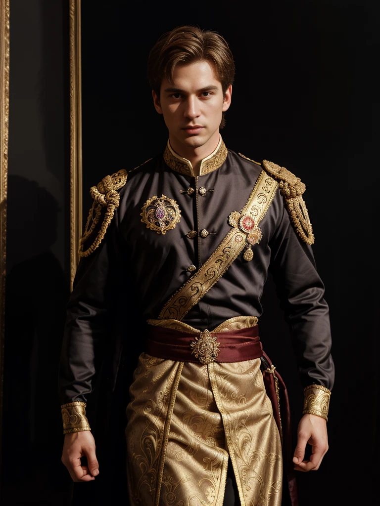 A dark-blonde hair man, 26 years old, pale skin, mesomorph body, hands on waist, a prince, prince of disney clothes, detailed face, chiaroscuro lighting, dramatic shadows, cinematic, oil painting, highly detailed, intricate ornate costume, regal, dramatic