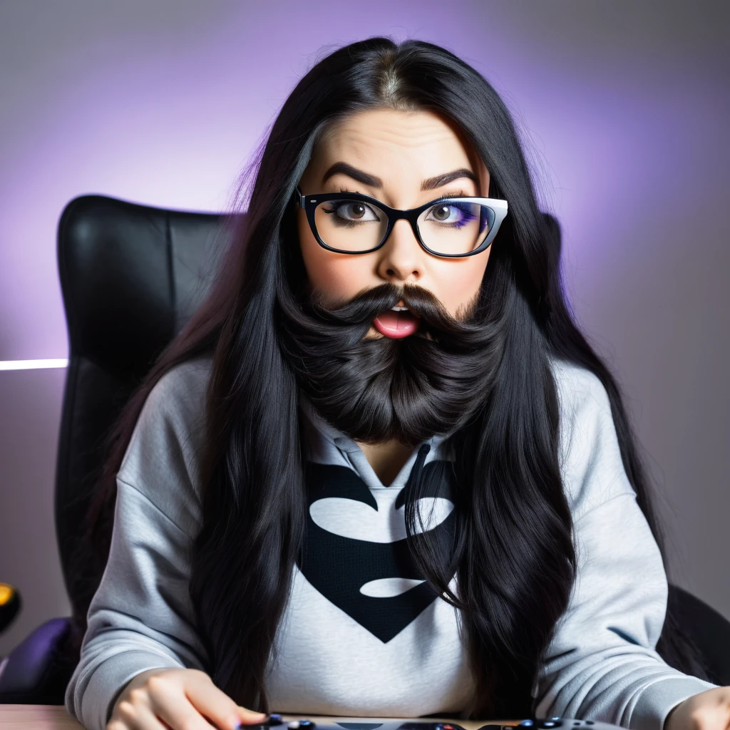 woman with huge and beautiful beard, long black hair, wears glasses, sweatshirt, geek nerd, plays video games
