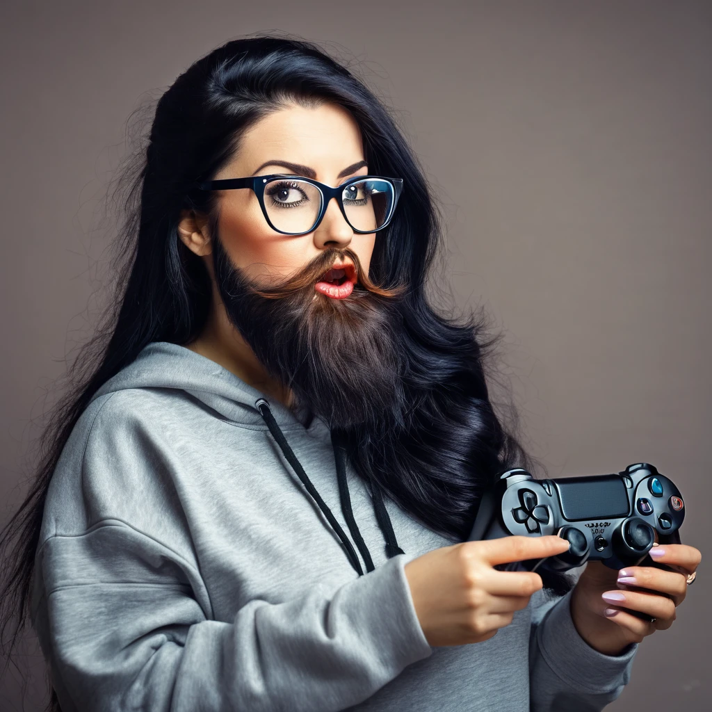 woman with huge and beautiful beard, long black hair, wears glasses, sweatshirt, geek nerd, plays video games