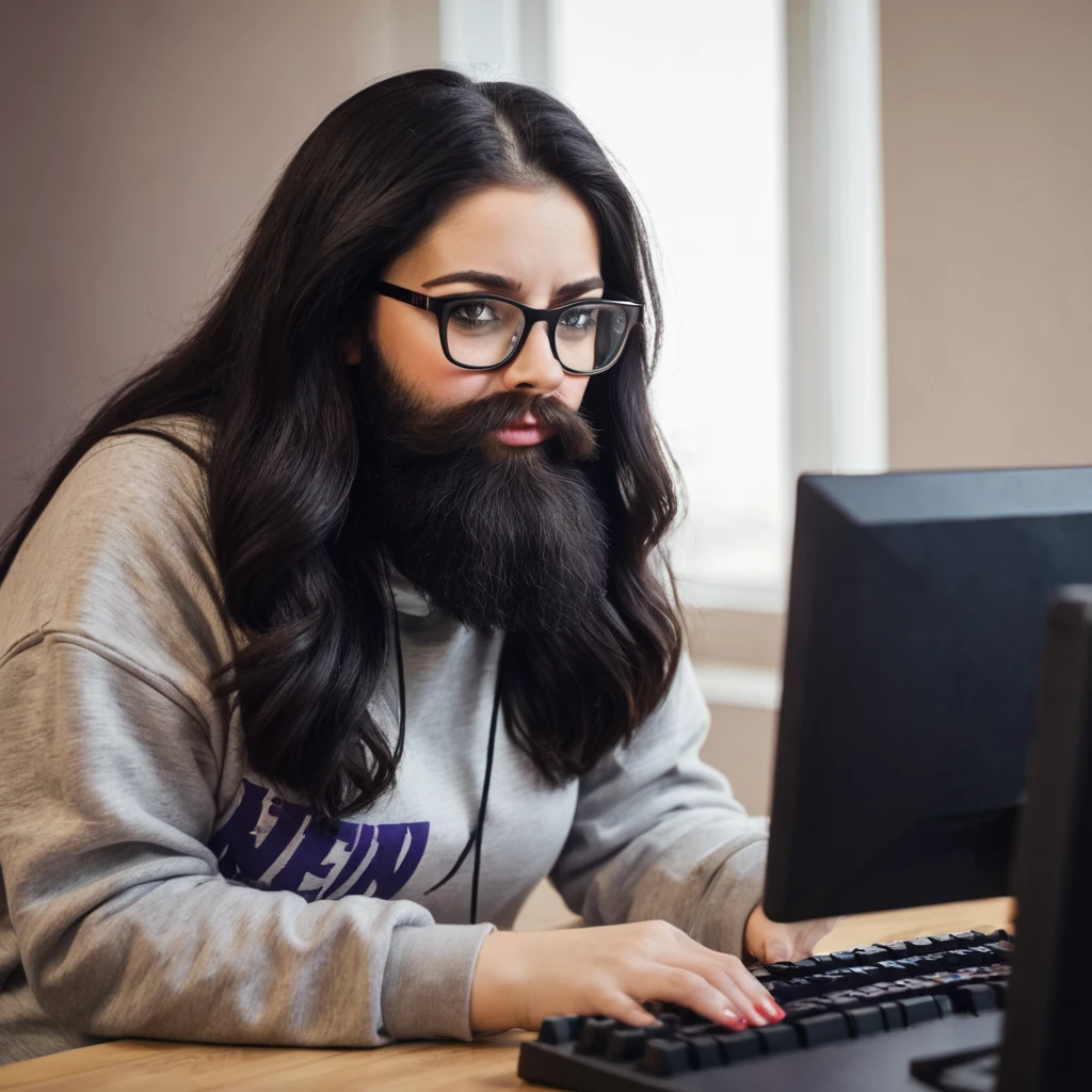 woman with huge and beautiful beard, long black hair, wears glasses, sweatshirt, geek nerd, plays video games