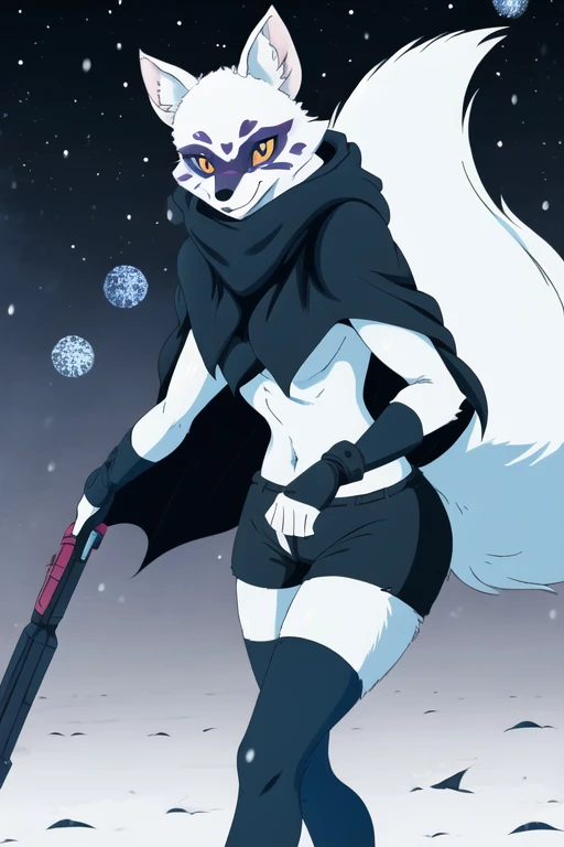 Alopex, arctic fox, furry, blue marks face, tmnt, serious look, orange eyes, girl1, solo, city, black cloak, black bandage, fox tail, black shorts, ninja sickles, holding sickles 