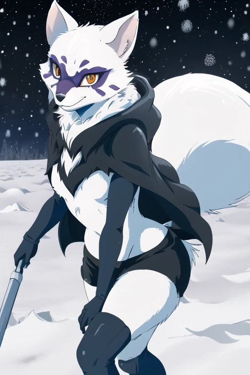 Alopex, arcticfox, tmnt, smile, orange eyes, girl1, solo, snow, black cloak, cape, tail, black shorts