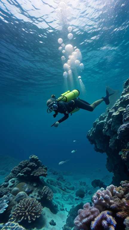 A serene underwater scene with glowing jellyfish, vibrant coral reefs, and a diver exploring a sunken ship