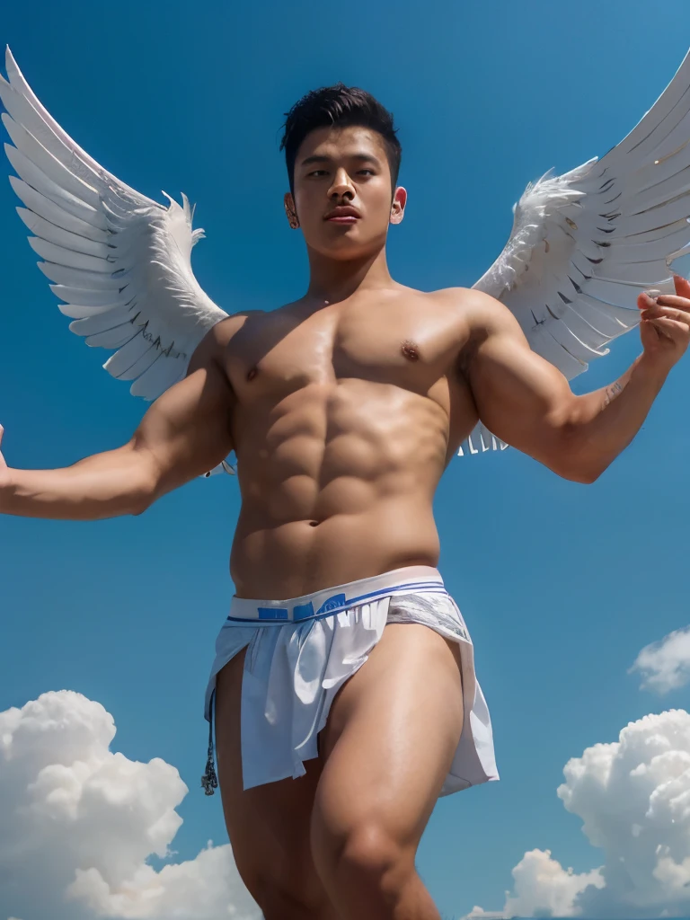 young buddha as christian angel wearing very short greek cloth,Angel wings, Korean male model, k pop idol, Song Kang Lookalike, topless, muscles, head to toe, full body portrait, realistic, romantic, photograph, portrait, elegance handsome, athlete body, full frame,appeals,playful, flying in the heaven sky,