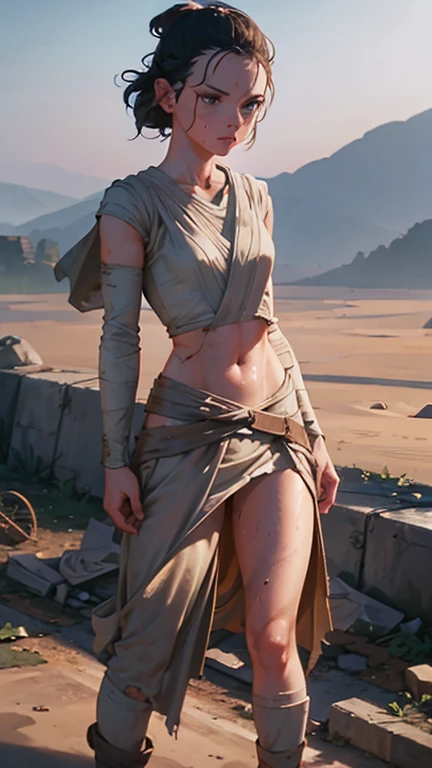 Daisy Ridley face 8k resolution, masterpiece 1.3, Ultrarealistic face, slim athletic physique, small flat breasts, round ass, cameltoe, sweaty body glistening skin, dirt covered around her body, torn clothes, right arm cut off bone visible, light saber droped on the ground; "Kneeling in the rubble of a destroyed building, Rey's shoulders slump in defeat. Blood trickles from a cut on her forehead, and her clothes are torn and dirty, reflecting the intensity of her recent fight.",  surrounded by storm troopers.