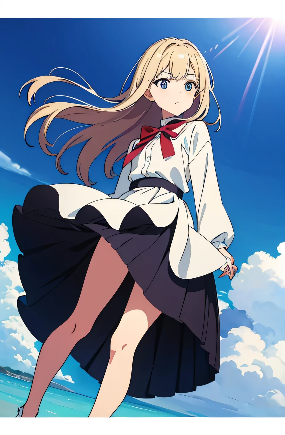 Soundless Kyoko Low Angle、Long skirt、
Navy blue skirt Holding the skirt that is being blown up by the strong wind with her hands Long skirt uniform、The color is dark blue、
、A skirt that flips up in a strong wind A bright white anime plain white panties、The crotch is visible. Anime painting.、