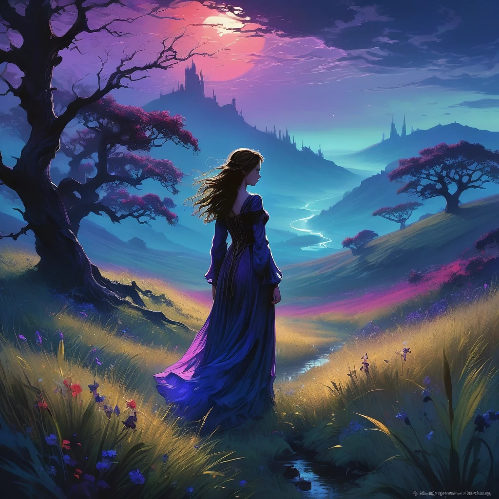 Imagine a solitary figure in the Realm of Shadows, where twilight descends upon rolling hills and the air is heavy with the scent of damp earth and distant thunder. In the foreground, a young girl with tousled brown hair stands amidst a sea of tall grasses, clad in a modest medieval dress that billows gently in the evening breeze.

Her posture is one of quiet contemplation, hands clasped lightly in front of her, as she gazes out over the expansive landscape before her. The sky above is painted in hues of deep purple and indigo, streaked with wisps of swirling mist that dance like phantoms in the fading light.

Around her, the grassfield stretches endlessly, punctuated by clusters of wildflowers that bloom in shades of midnight blue and crimson red. In the distance, silhouettes of ancient oak trees stand sentinel against the encroaching darkness, their twisted branches casting long, eerie shadows across the land.

This AI-generated image captures a moment of solitude and mystery in a dark fantasy world, where the girl's presence evokes a sense of melancholy and wonder amidst the enchanting yet foreboding atmosphere of the Realm of Shadows."