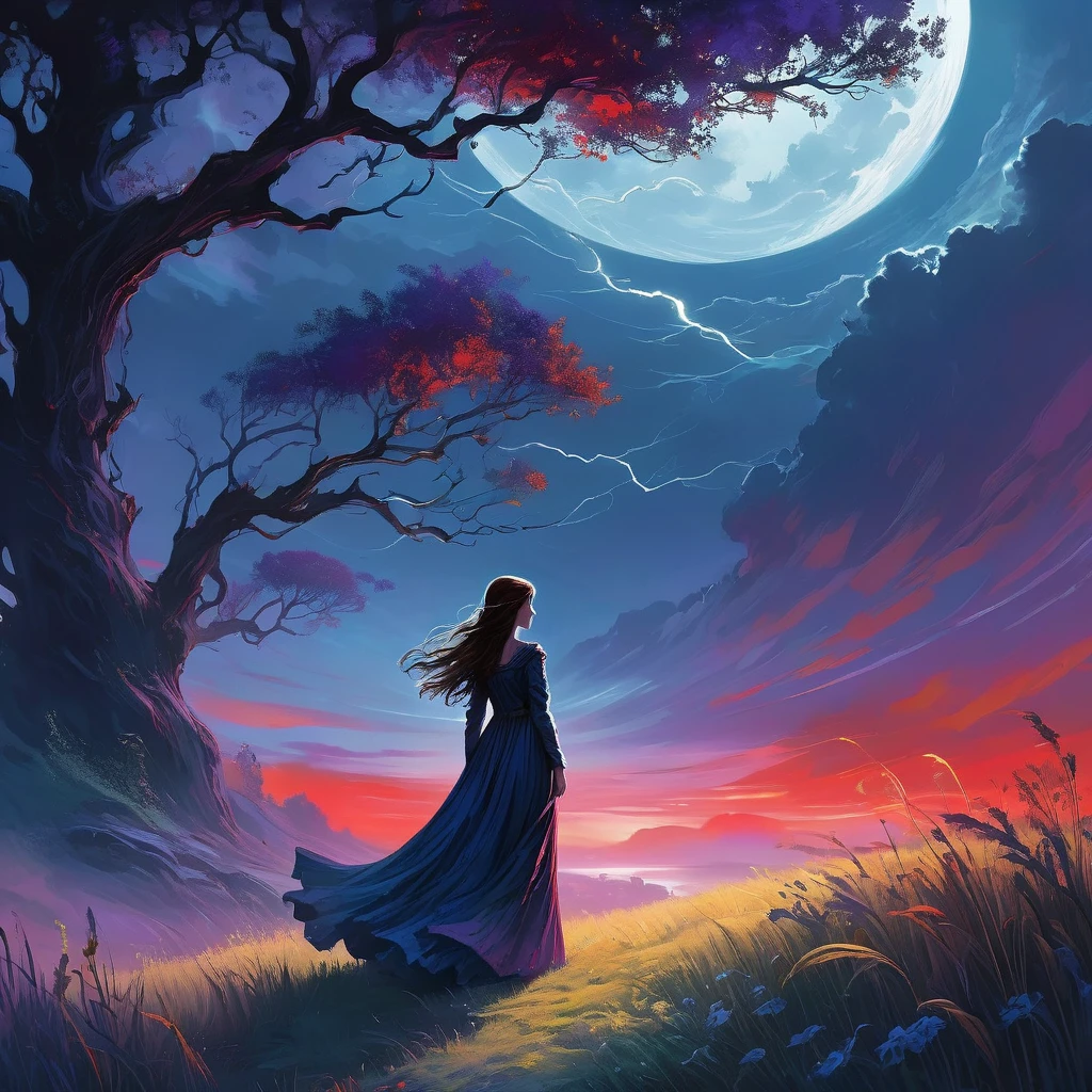 Imagine a solitary figure in the Realm of Shadows, where twilight descends upon rolling hills and the air is heavy with the scent of damp earth and distant thunder. In the foreground, a young girl with tousled brown hair stands amidst a sea of tall grasses, clad in a modest medieval dress that billows gently in the evening breeze.

Her posture is one of quiet contemplation, hands clasped lightly in front of her, as she gazes out over the expansive landscape before her. The sky above is painted in hues of deep purple and indigo, streaked with wisps of swirling mist that dance like phantoms in the fading light.

Around her, the grassfield stretches endlessly, punctuated by clusters of wildflowers that bloom in shades of midnight blue and crimson red. In the distance, silhouettes of ancient oak trees stand sentinel against the encroaching darkness, their twisted branches casting long, eerie shadows across the land.

This AI-generated image captures a moment of solitude and mystery in a dark fantasy world, where the girl's presence evokes a sense of melancholy and wonder amidst the enchanting yet foreboding atmosphere of the Realm of Shadows."