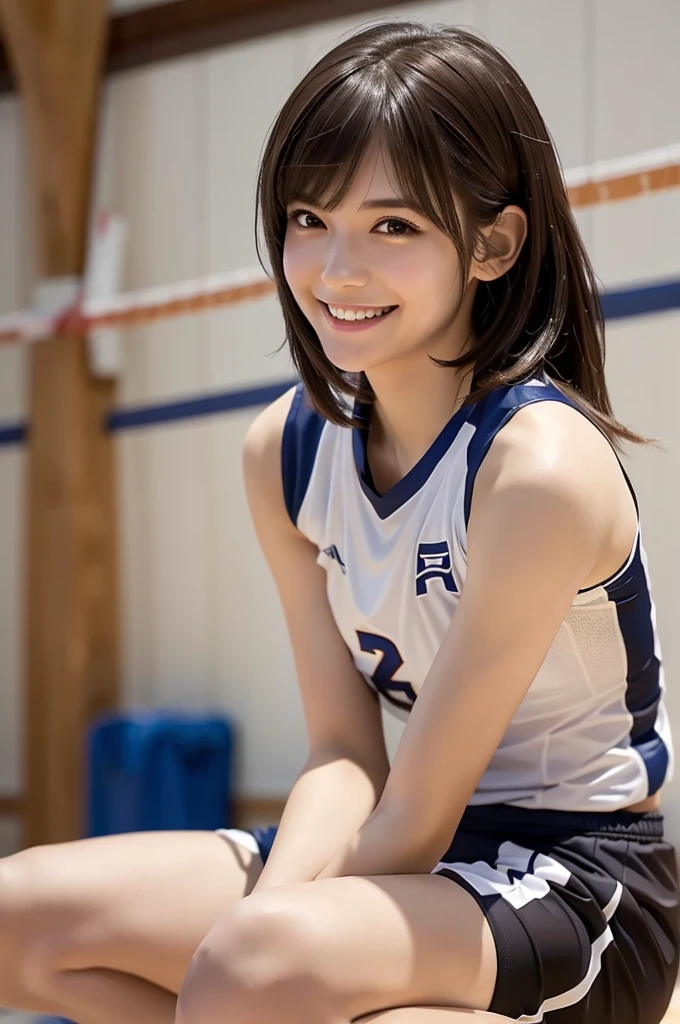 Only one female, /(Volleyball Uniforms/), /(Dark brown hair/) bangs, Blushing Smile, (Masterpiece of the highest quality:1.2) Delicate illustrations, super detailed, /(Indoor volleyball court/)