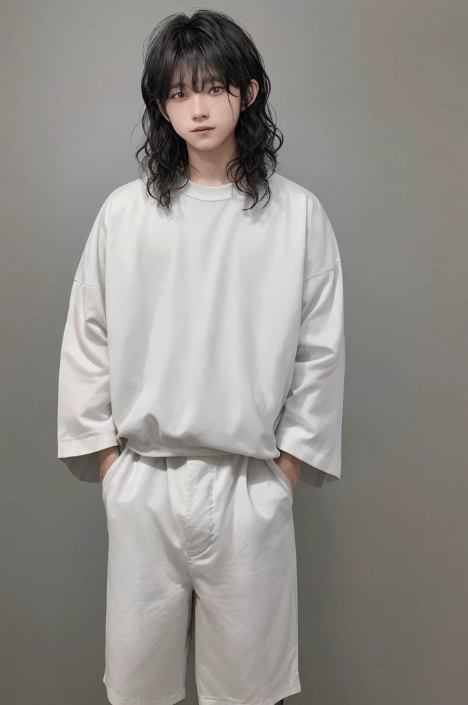 1 man, with white skin, short, wavy hair, mullet haircut, light grayish eyes, black clothes