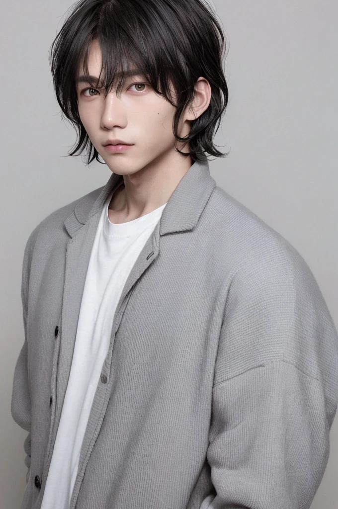 1 man, with white skin, short, wavy hair, mullet haircut, light grayish eyes, black clothes