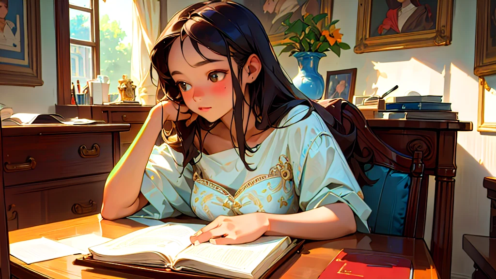 (Highest quality, masterpiece, Ultra-realistic), Beautiful and delicate15Year-old girl portrait, With a calm expression, In the background, he is studying hard at his desk in his bedroom at home.、Exam、Tube top、Bust is D cup、It's summer、The decorations are retro、Landscape、profile、I read a book、Glamour