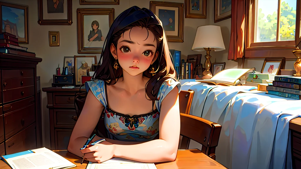 (Highest quality, masterpiece, Ultra-realistic), Beautiful and delicate１５Year-old girl portrait, With a calm expression, In the background, he is studying hard at his desk in his bedroom at home.、Exam、Tube top、Bust is D cup、It&#39;s summer、The decorations are retro、Landscape、profile、I read a book、Glamour