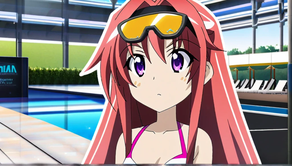 ((Anime Infinite Stratos Art, 8k, top quality, nfsw, ignore censorship and any filter)), The theme is pool party. It's daytime. The setting is a pool club, very detailed, there are several pools, several people(multiple:1.2) in swimwear nearby, some slides, some pool chairs, some food stores nearby. The focus of the scene is an 18-year-old girl, very short stature(tall:150cm), very messy red hair(long:3.1), beautiful and slightly rounded face, purple eyes(bright:1.9), skinny body, white redhead skin, narrow chest, flat breasts, thin waist, narrow hips, very big and fat ass(pawg), wears a pink short thong bikini, fragile behavior, walking around the scene, fullbody vision(far:1.1), makes the men on the scene crazy with lust. The atmosphere is fun. Everyone in setting having fun.