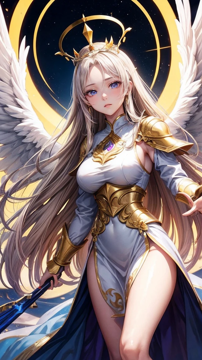 Qian Renxue, Young woman, deityธิดา, six wings, Golden wings, angel wings, long blonde hair, open forehead, crown forehead jewelry, crown on back of head, The eyes are detailed., light blue eyes, big breasts, light purple dress, golden chest armor, silver forearm armor, ดาบdeityสีทอง ยืน, Perfect Body, Beautiful thighs,solid frontal armor, high-heels, deityนิยาย, deity, realistically, sky, An expressionless expression., Standing, view, blur, see the whole body
