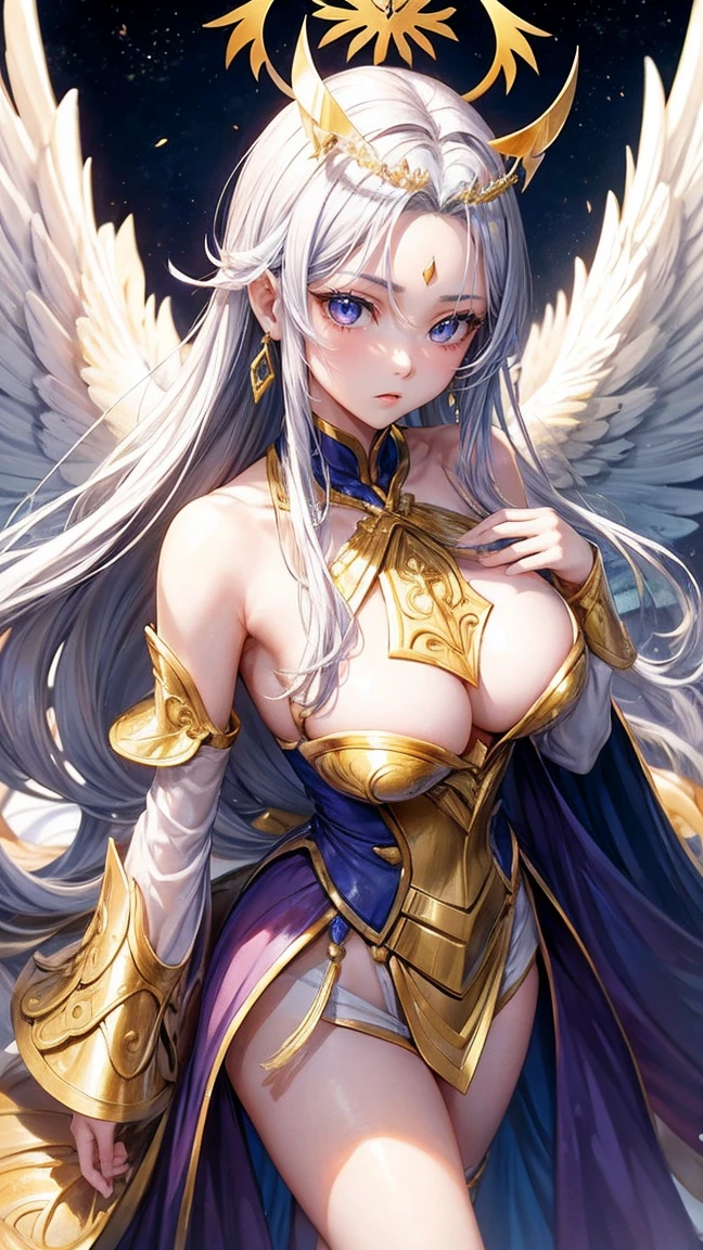 Qian Renxue, Young woman, deityธิดา, six wings, Golden wings, angel wings, long blonde hair, open forehead, crown forehead jewelry, crown on back of head, The eyes are detailed., light blue eyes, big breasts, light purple dress, golden chest armor, silver forearm armor, ดาบdeityสีทอง ยืน, Perfect Body, Beautiful thighs,solid frontal armor, high-heels, deityนิยาย, deity, realistically, sky, An expressionless expression., Standing, view, blur, see the whole body