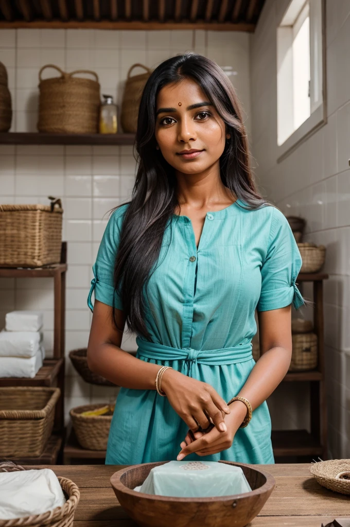 A 35 year old female indian married entrepreneur who believes in zero waste lifestyle, sustainable beauty,she is a handmade soap maker.sge wears only cotton clothes.she is dark complexion long hair