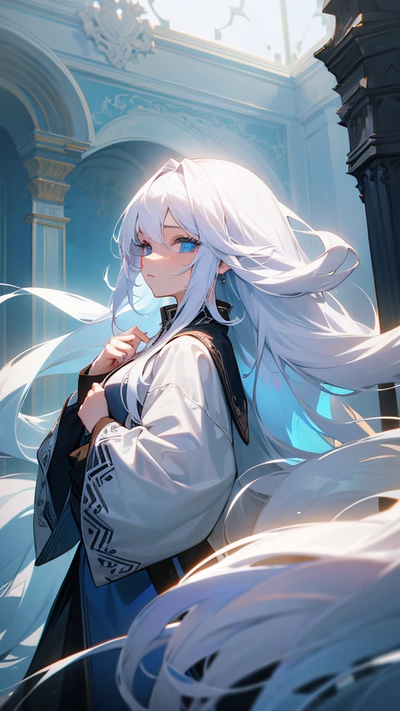 A woman with long white hair,Blue eyes,in a beautiful house 