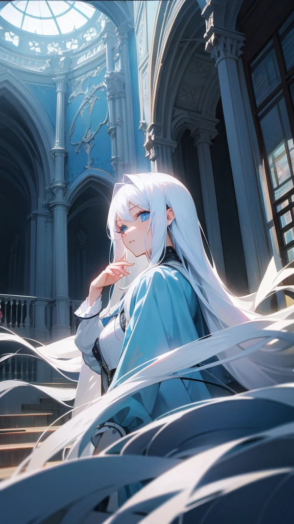 A woman with long white hair,Blue eyes,in a beautiful house