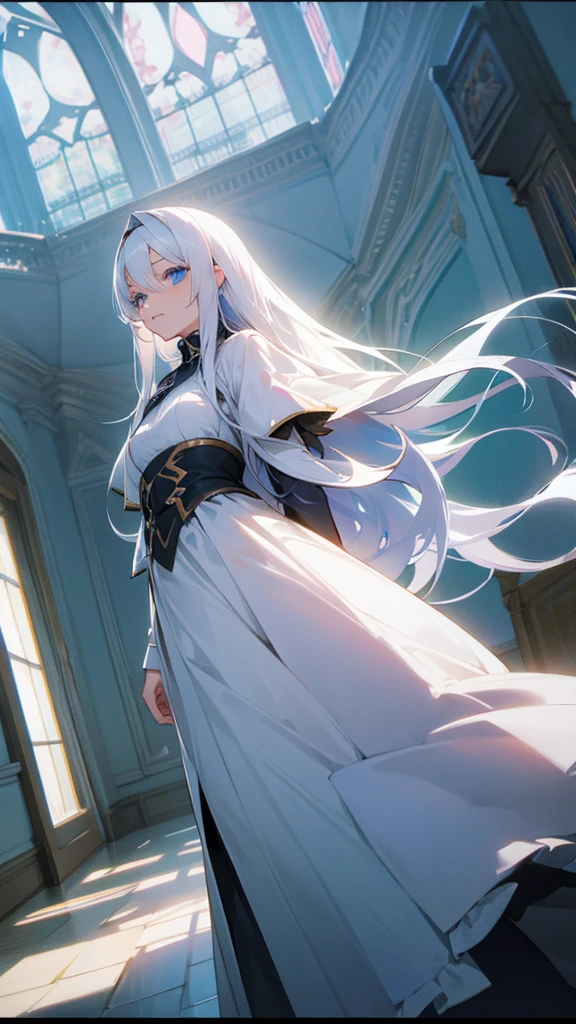 A woman with long white hair,Blue eyes,in a beautiful house 