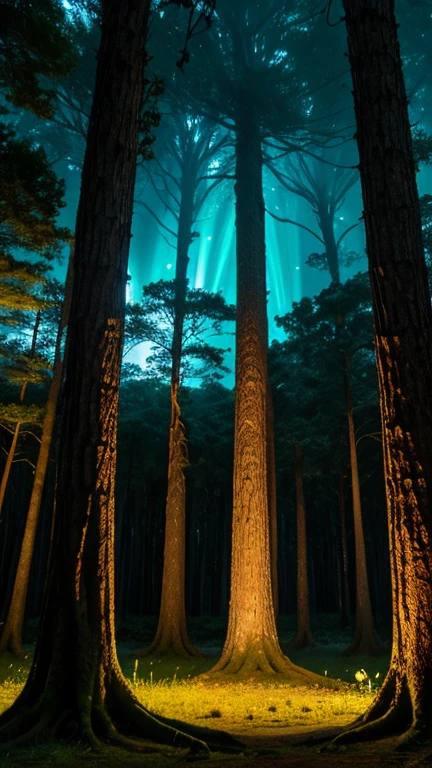 A mystical forest with towering, bioluminescent trees, glowing creatures, and a hidden ancient temple covered in vines
