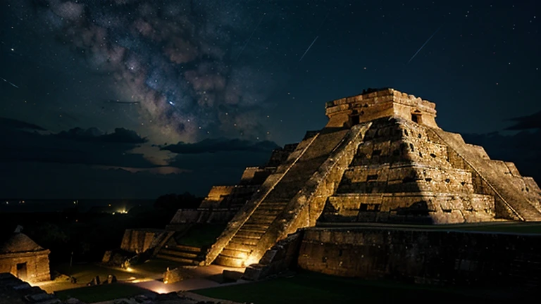 Background with a starry sky over an ancient Mayan city, highlighting a pyramid with astronomical observatories.Spotlight, an ancient Mayan calendar carved in stone, partially illuminated.