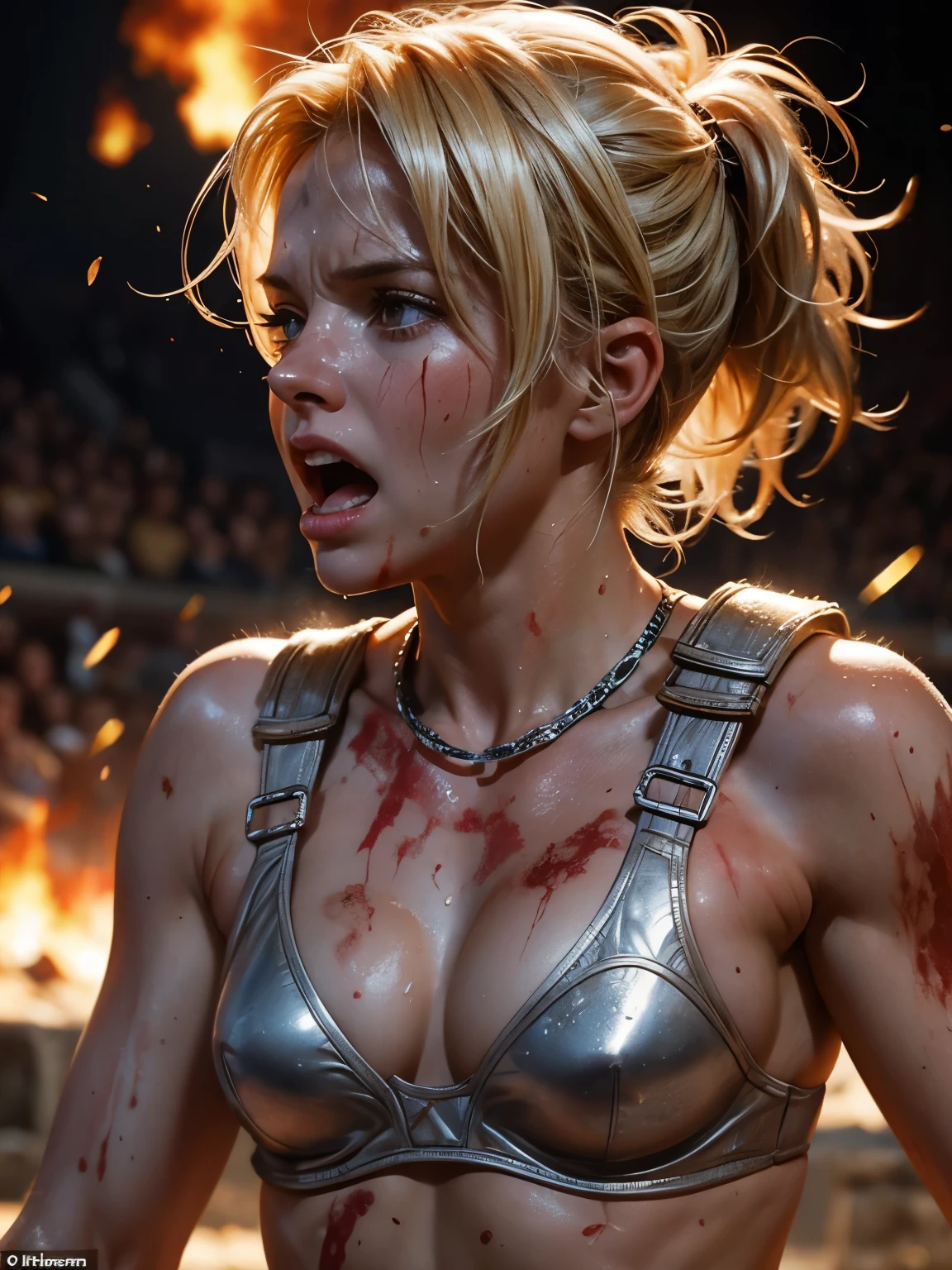 Helen Skelton, Roman gladiator, close-up action shot from ground level, Roman gladiator, turned away, crazy expression, sweating, damp blonde hair, bloodied and bruised, in a bloody arena, explosions, fires