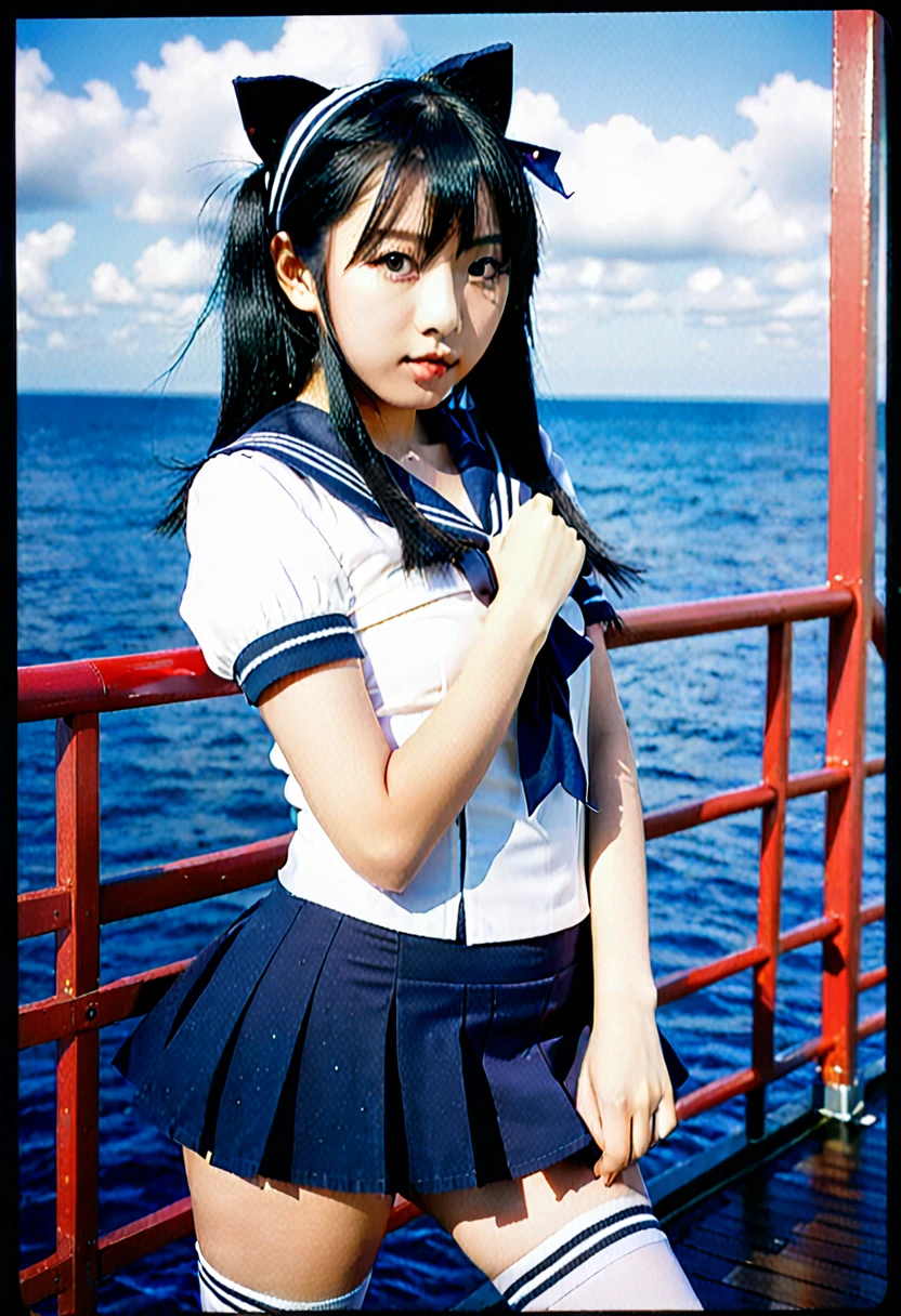 instax, snapshot, Realistic, Photography, jpop girl group's girl, Japanese-idol-face girl, A girl with a face like a beautiful anime cosplayer, 17-years-old, kawaii, Japanese sailor , black hair, straight hair, Lomography, blue and white, cinematic shot, dynamic pose, dynamic angle, in the style of y2k aesthetic