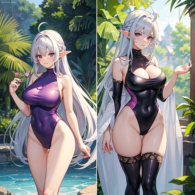 (Very detailed best high quality image, very detailed background, very detailed character and image) character alone, multiple views: front view, back view
1elfwomanmilf: silver hair, long spiky messed silver hair with golden ahoge, purple eyes, pointy short elf ears, pale white skin, very beautiful face, absolute beauty, voluptuous figure, big breats, big butt, slender beautiful arms, beautiful legs, seductive smile, seductive eyes, (purple and golden one-piece swimsuit, holding with one hand a pink towel)
Scene: she stands at a beautiful pink and green natural garden with a golden fountain with clean water