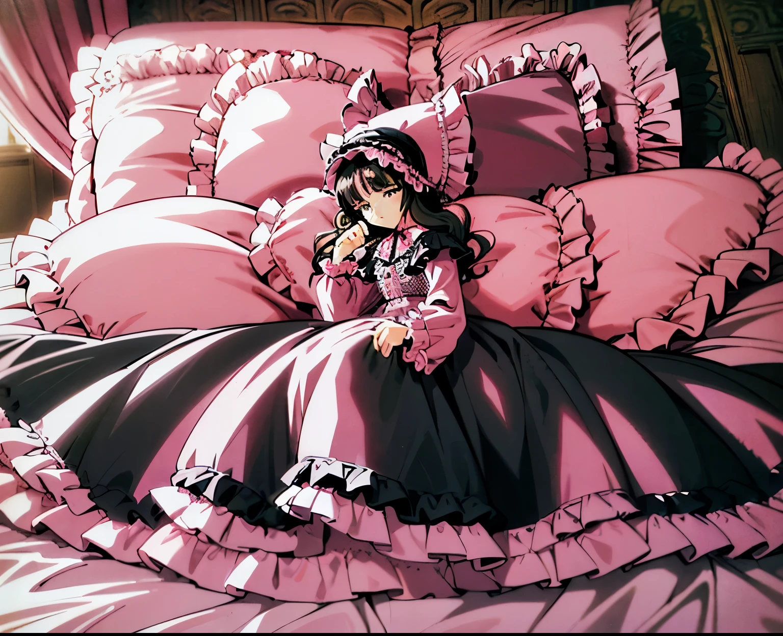 ,highest quality, masterpiece, highest resolution, artwork, 1990s styles anime illustration,(( 10 year old girl)),Super detailed baby face,high quality small face,long black hair,Japanese,landmine girl,pajamas,,curly hair,((((Pink Lolita Fashion Long Skirt One Piece Dress)))),((Cute pink pajamas with lots of frills and ribbons)),((Luxurious pink headdress with frills and ribbons)),((((black ruffles and lace)))),detailed headdress,,(((big yoke collar))),Yoke collar with ruffles and ribbons,((((long sleeve)))),ruffle sleeves,((((long skirt)))),pink and black pillow with large ruffles and ribbons,(((Nice pink outfit))),On a luxurious canopy bed,canopy bed,The bed is surrounded by luxurious curtains,There are many pink and black frilly pillows on the bed.,Behind the girl are many pink and black frilly pillows...,super detailed background,detailed bed,((((pink duvet with black lace and ruffles)))),soft pink comforter,Highly detailed soft ruffle pillow,Beautiful girl illustration,detailed beautiful face,thin hair,detailed eye ,detailed eyes,detailed mouth, arm details,fine hands,Detailed pillow,wide bed,Illustration on the bed, ,((((round futon)))),((((A large pink futon that covers the entire bed)))),detailed comforter,detailed bedシーツ,Before bedtime,romantic atmosphere,palace bedroom,((((The lower body is hidden under a large futon....)))) The girl is leaning on a pile of pillows, ,((((round futon)))),((((Large pink ruffle comforter with black ruffles and lace covering the entire bed)))),look at me with contempt,Hold your hands,bring both hands close to the mouth,
