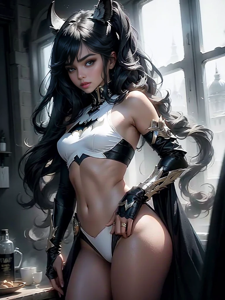 Beautiful woman with long hair defines her body and wears the role of Batman