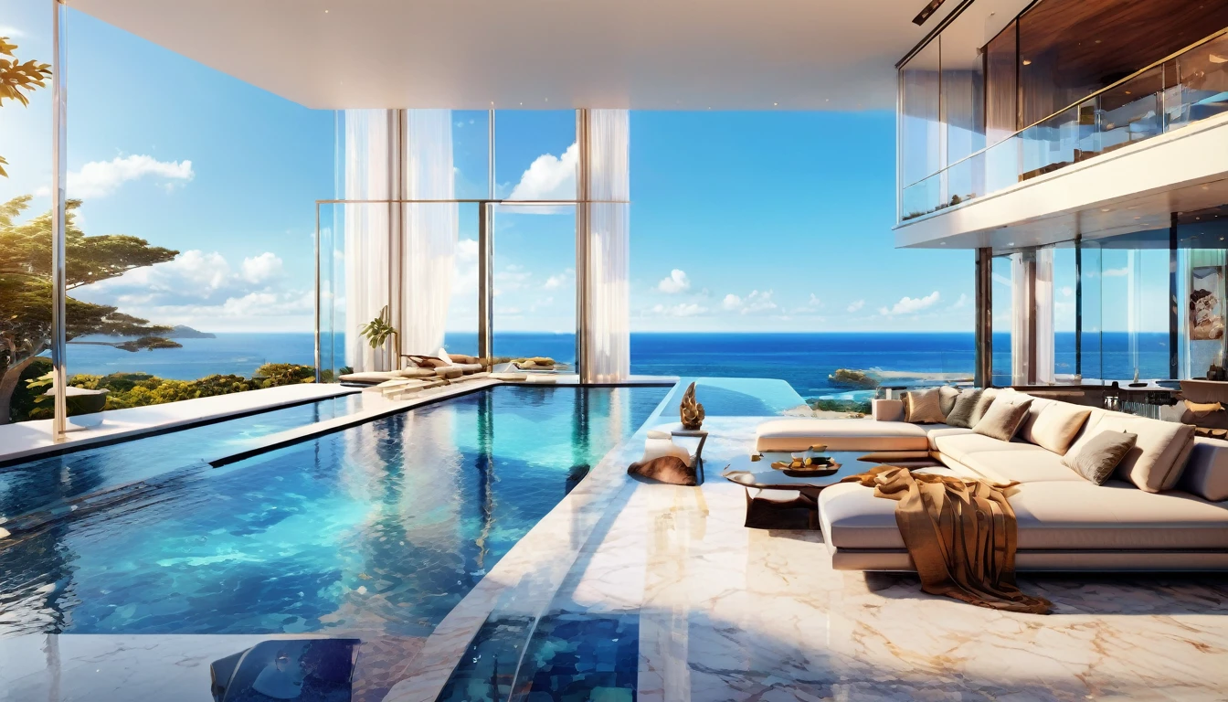 A modern luxury mansion with an infinity pool overlooking the ocean, floor-to-ceiling windows, and a sleek, luxury interior design. Hyper realistic photo, 16k, vibrant colors
