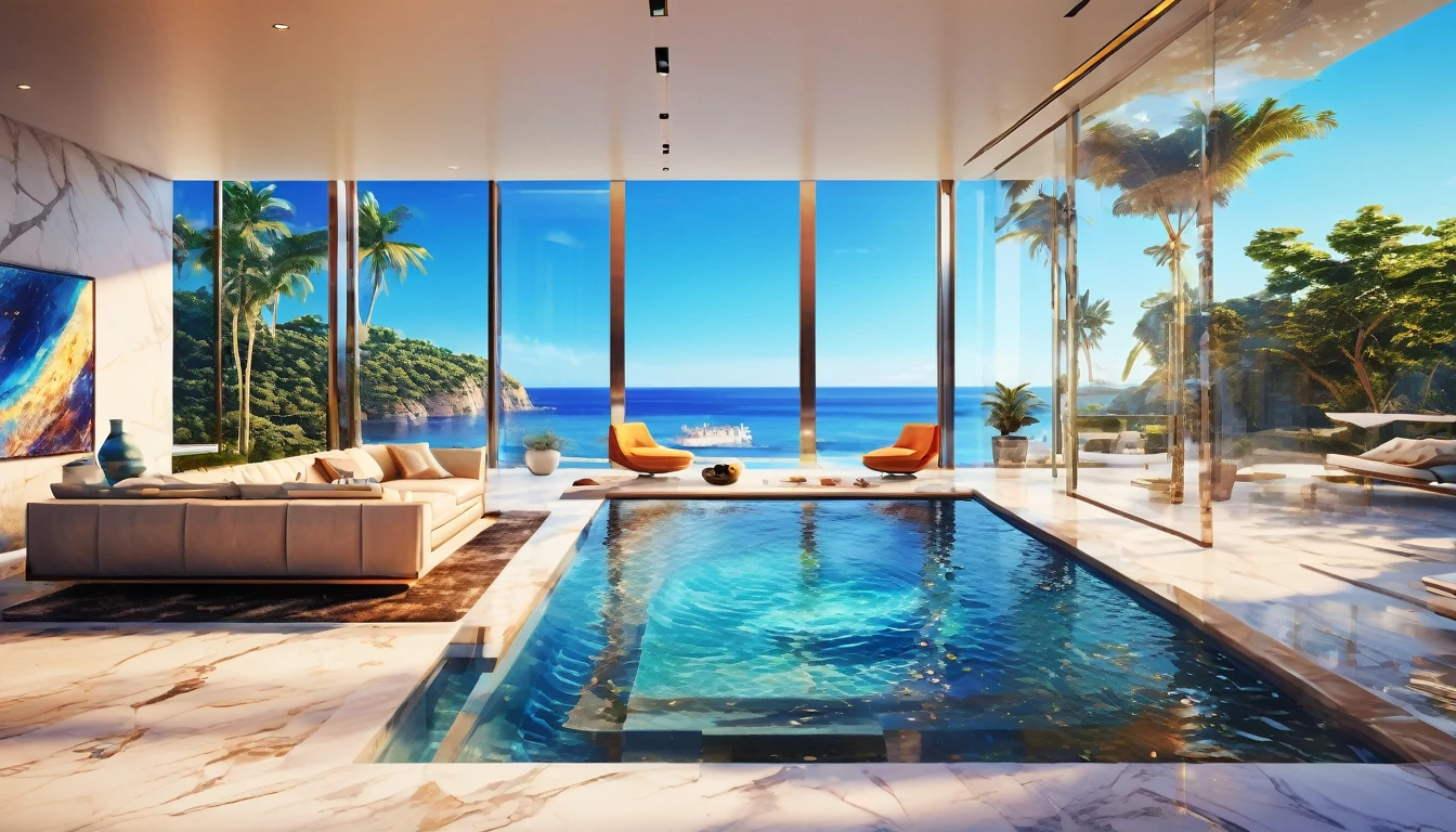 A modern luxury mansion with an infinity pool overlooking the ocean, floor-to-ceiling windows, and a sleek, luxury interior design. Hyper realistic photo, 16k, vibrant colors